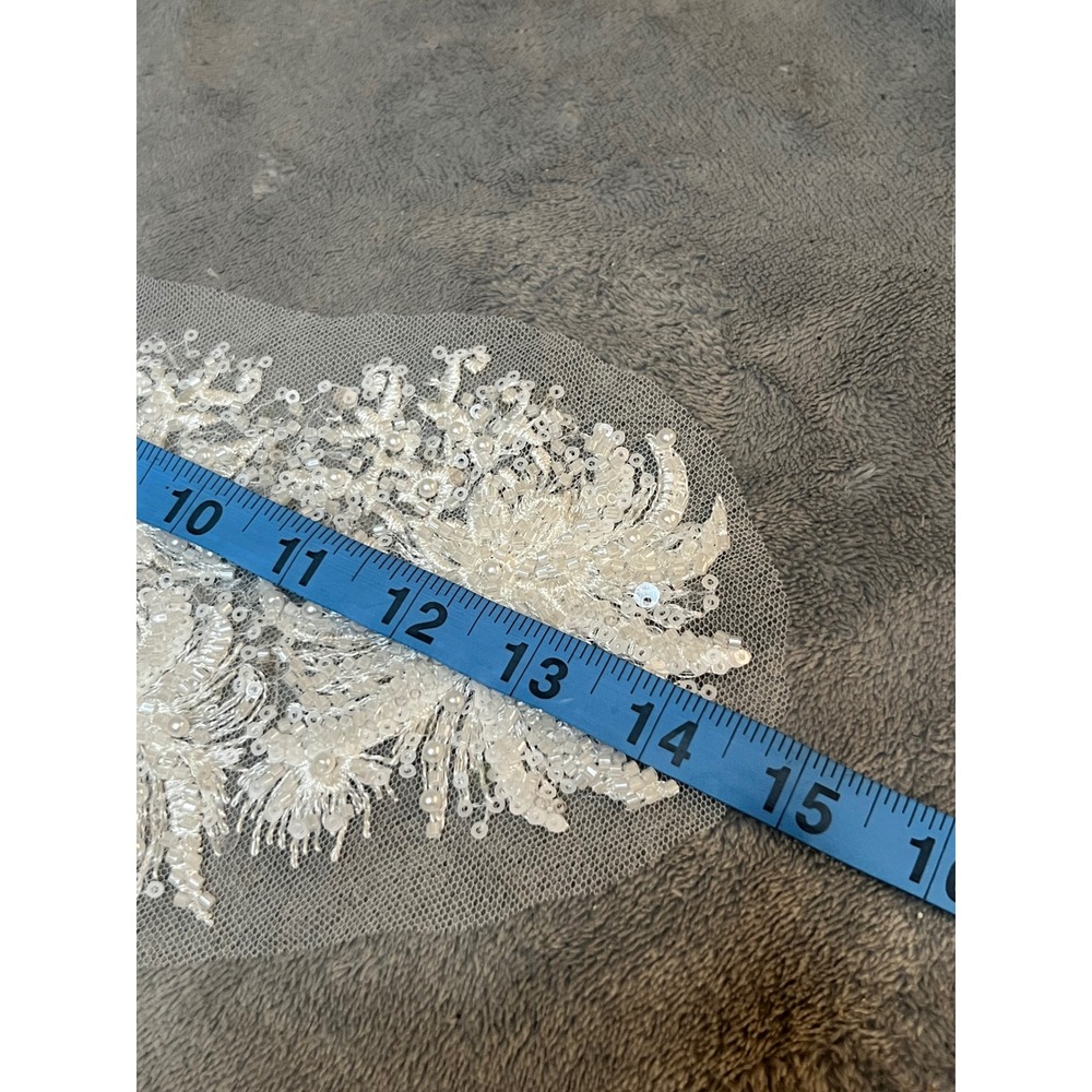 Pair Ivory Beaded Floral Lace Appliques Sequin Pearl Bridal Gown Trim 15" - Picture 5 of 5